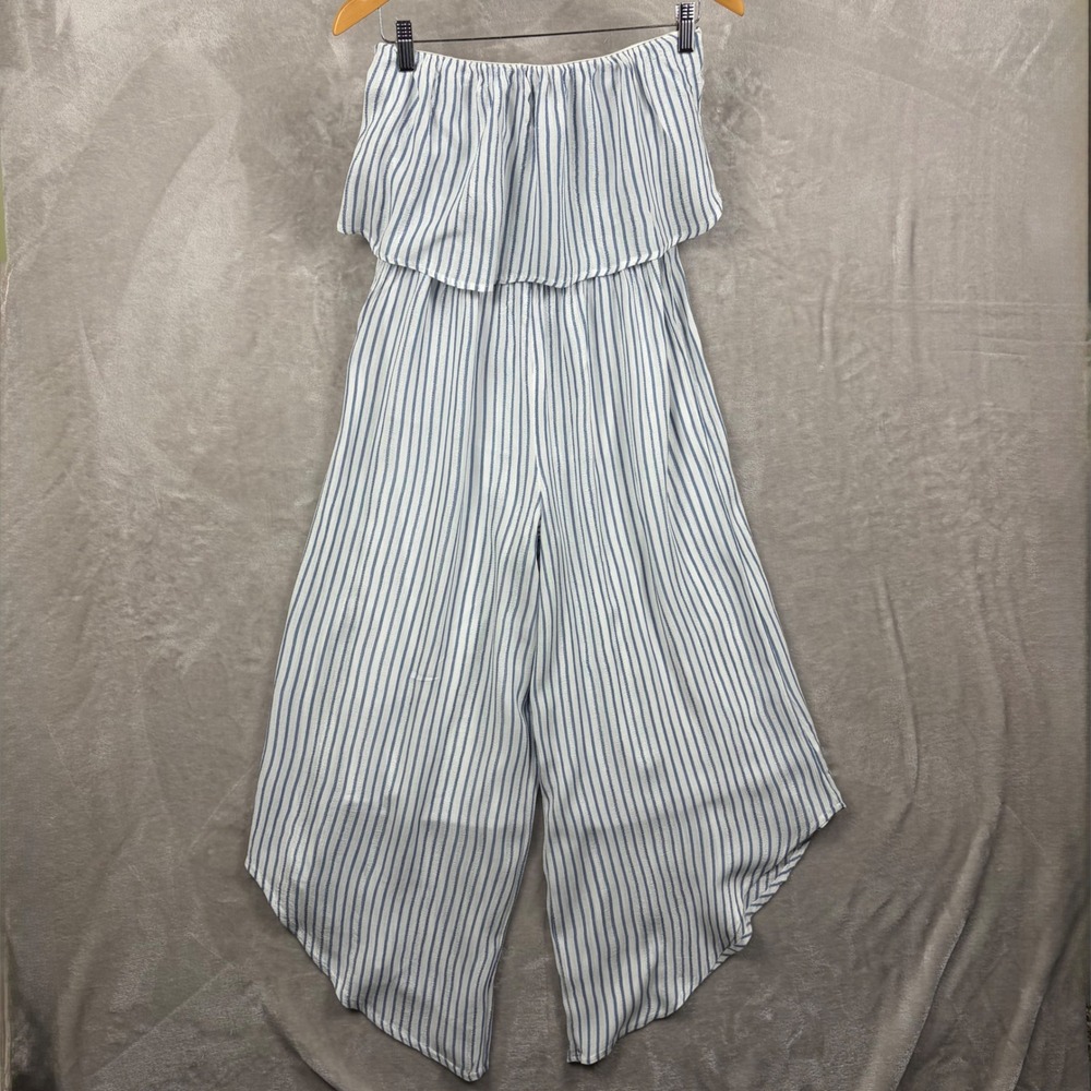 Japna Jumpsuit Women's Size M Striped Off The Shoulder Wide Leg Asymmetrical Hem